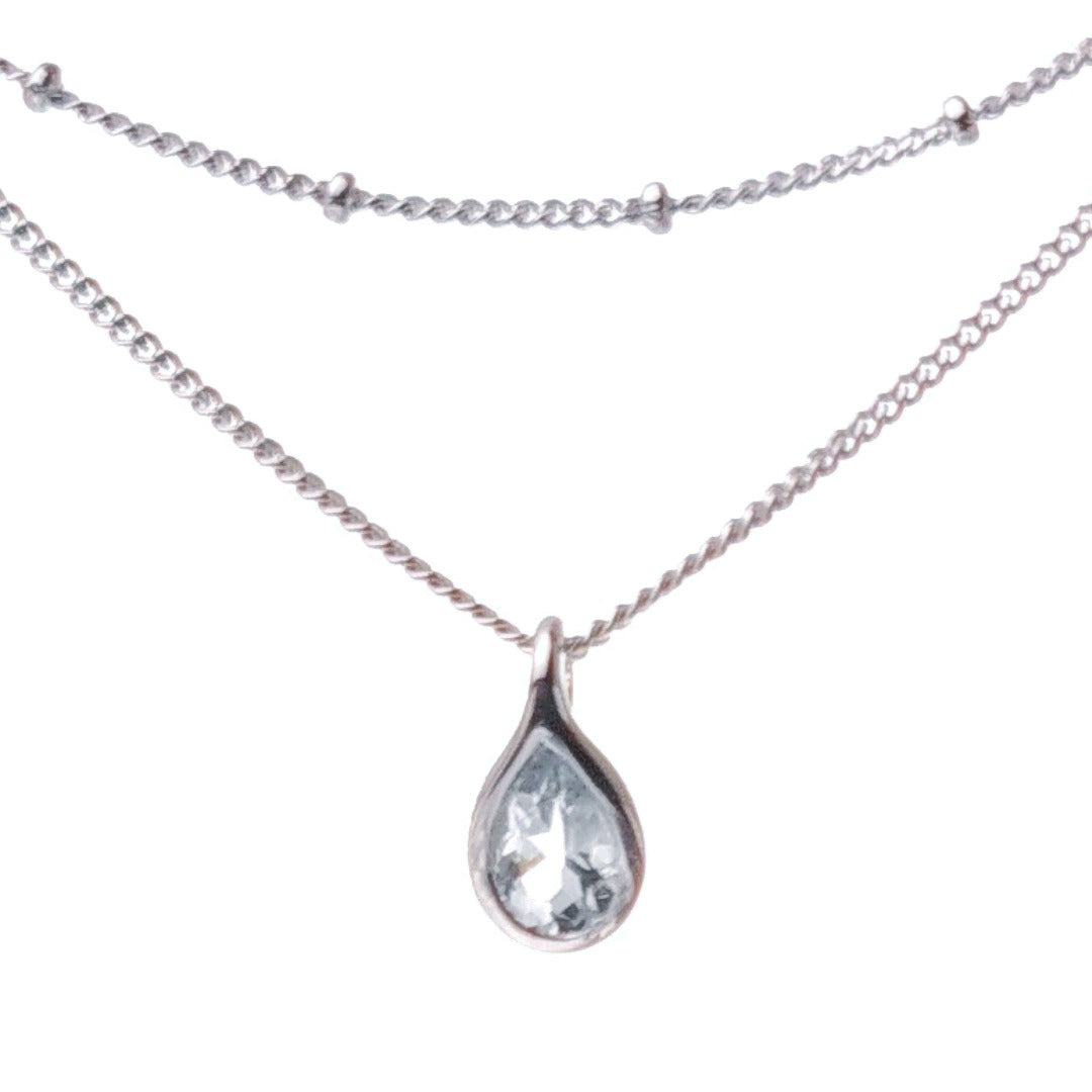 Aquamarine rubover pear pendant plus layered bead chain sterling silver