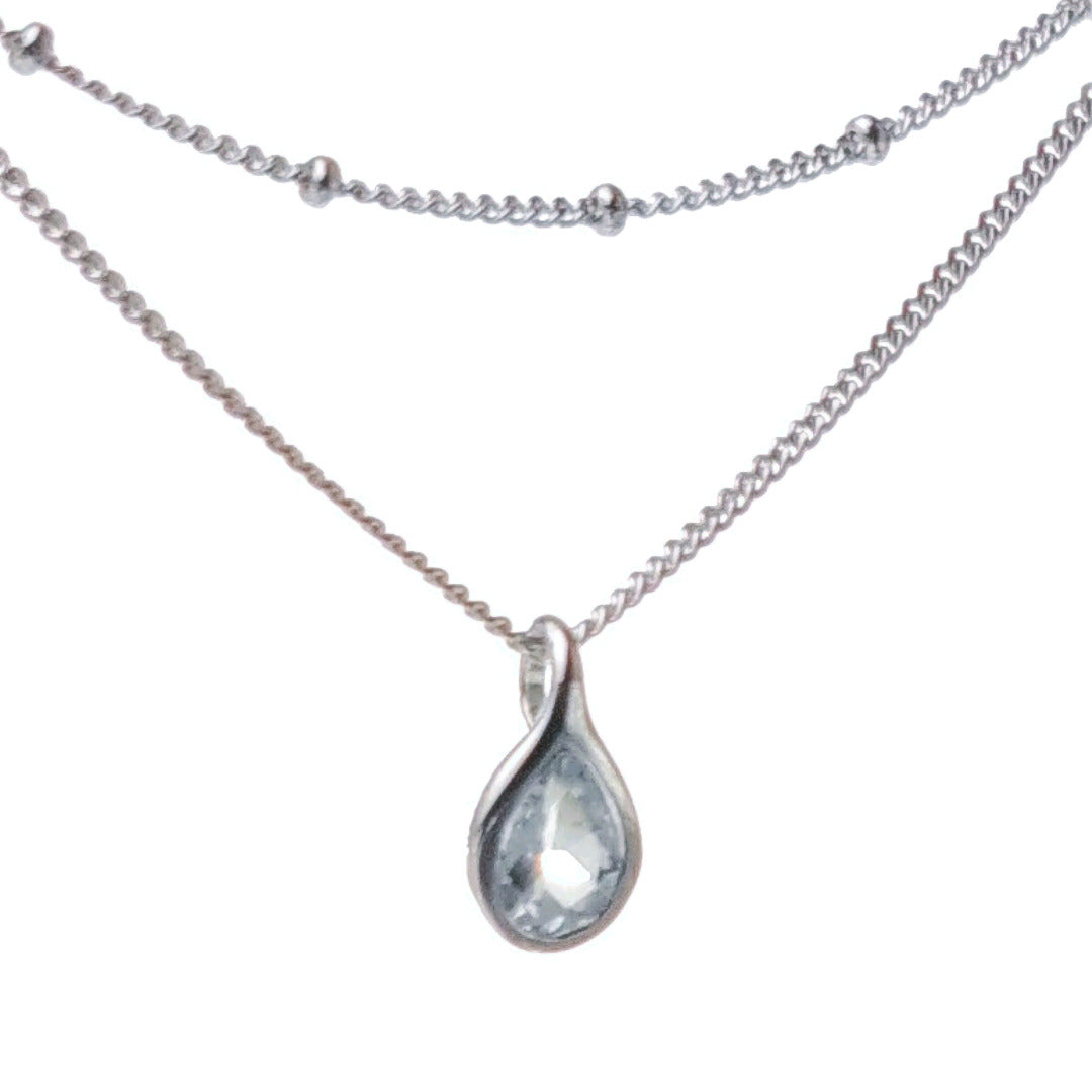 Aquamarine rubover pear pendant plus layered bead chain sterling silver