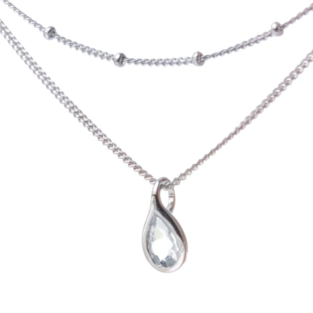 Aquamarine rubover pear pendant plus layered bead chain sterling silver