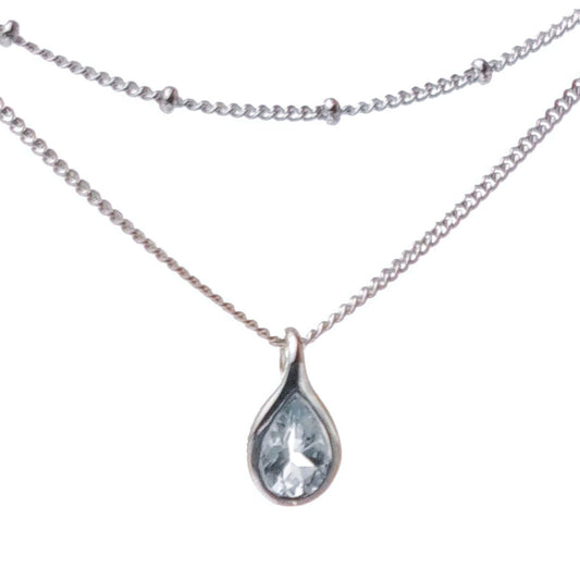 Aquamarine rubover pear pendant plus layered bead chain sterling silver