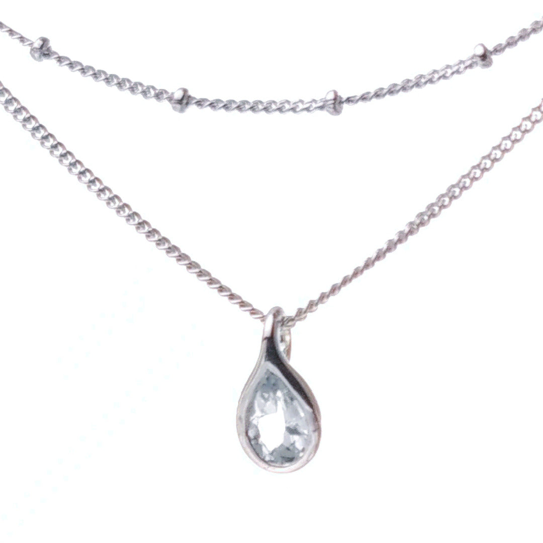 Aquamarine rubover pear pendant plus layered bead chain sterling silver