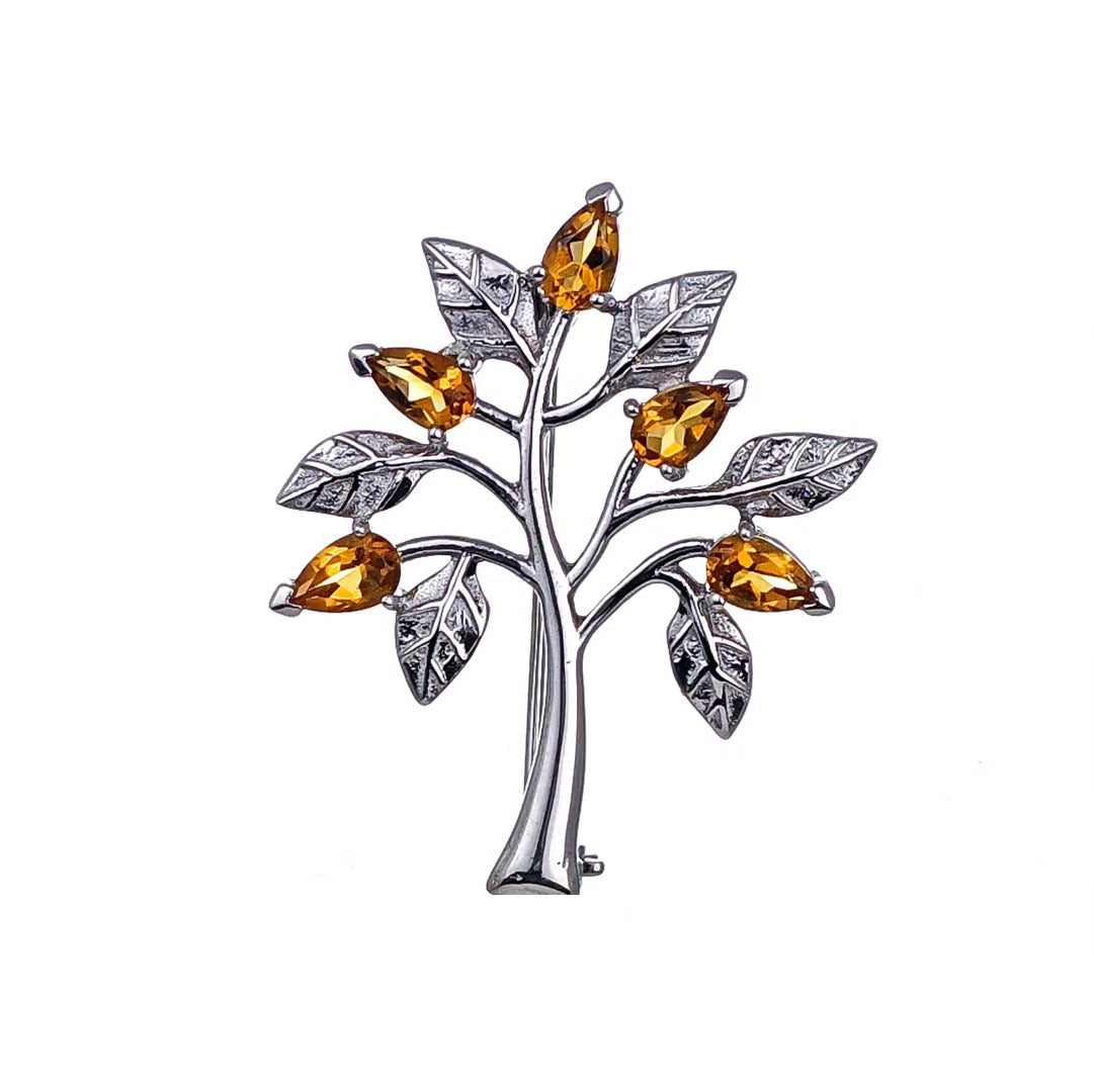 Citrine Brooch Tree of Life Sterling Silver Yellow Boxed Gift