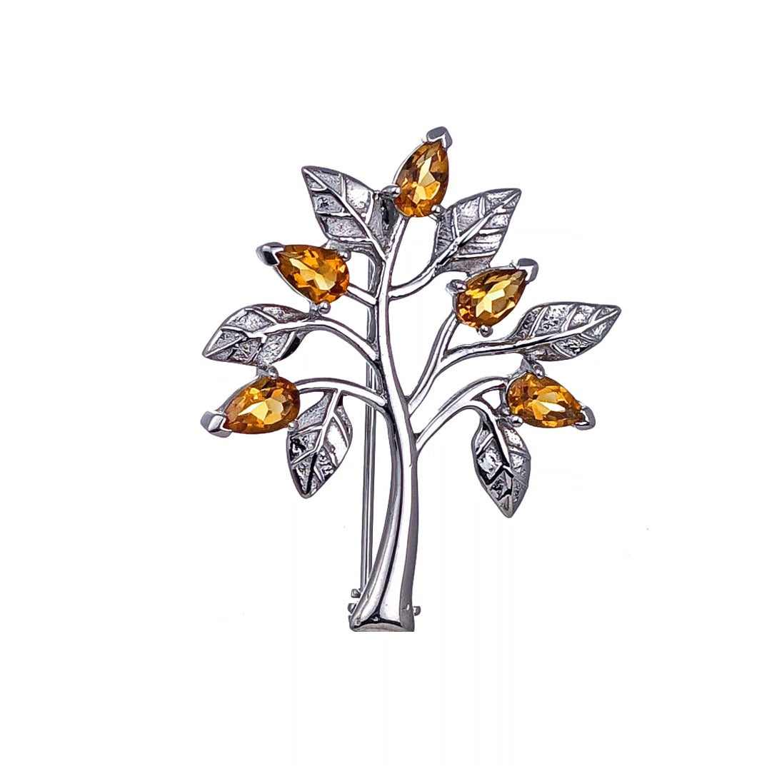 Citrine Brooch Tree of Life Sterling Silver Yellow Boxed Gift