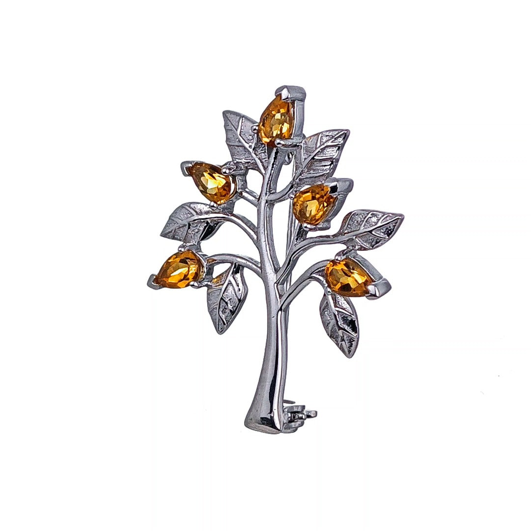 Citrine Brooch Tree of Life Sterling Silver Yellow Boxed Gift