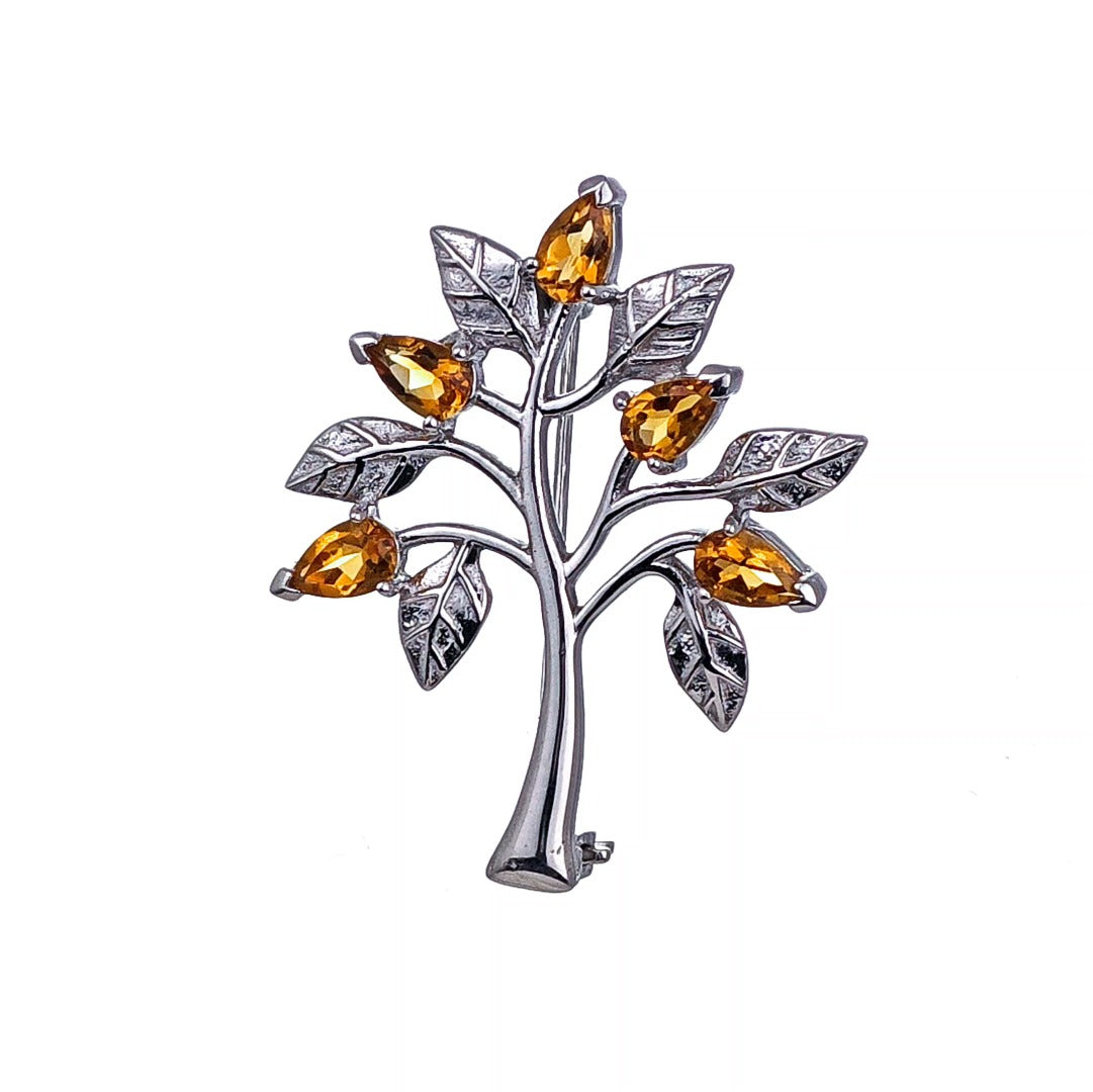 Citrine Brooch Tree of Life Sterling Silver Yellow Boxed Gift