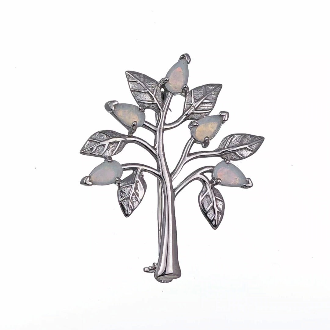 Elegant Tree of Life Brooch with Natural Australian White Opal