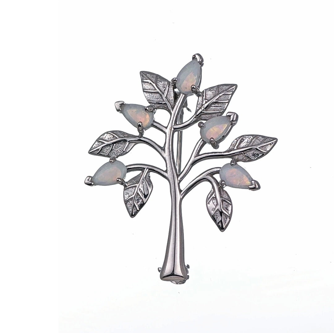 Elegant Tree of Life Brooch with Natural Australian White Opal