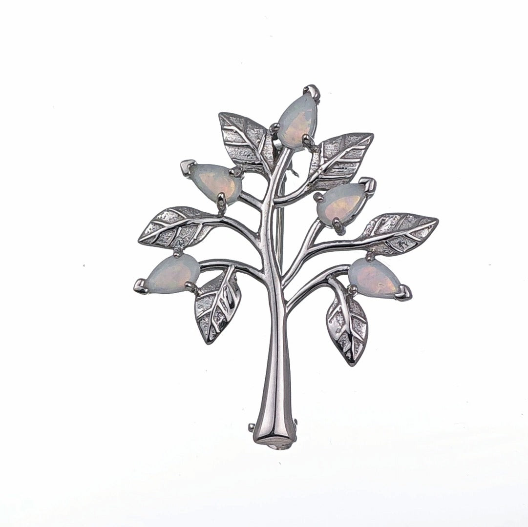 Elegant Tree of Life Brooch with Natural Australian White Opal