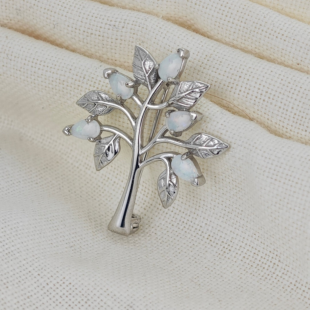 Elegant Tree of Life Brooch with Natural Australian White Opal