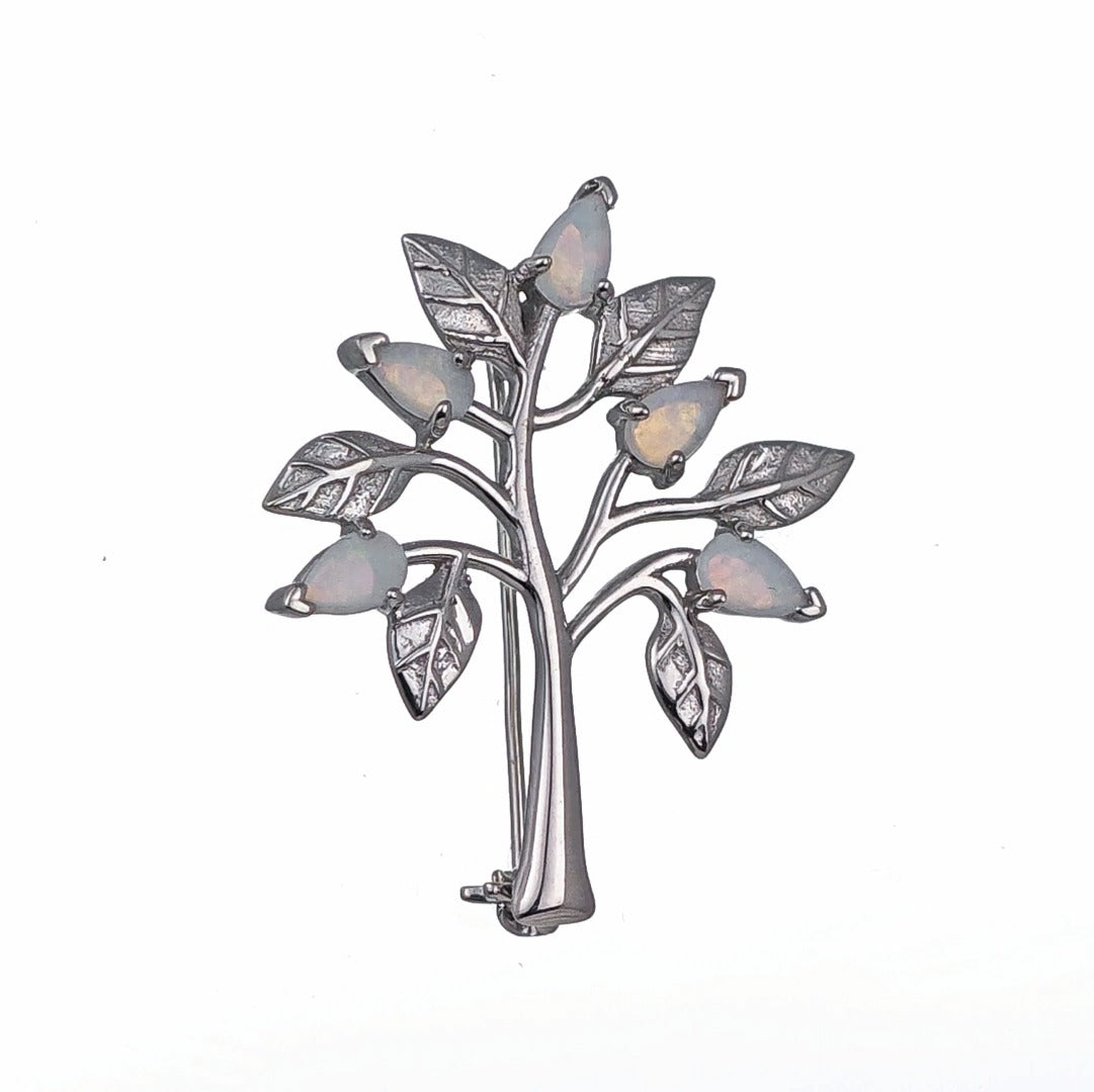 Elegant Tree of Life Brooch with Natural Australian White Opal