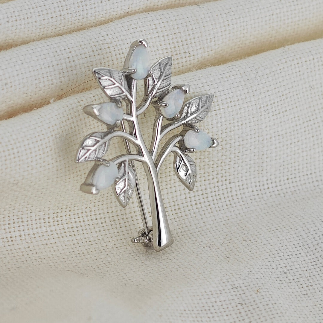 Elegant Tree of Life Brooch with Natural Australian White Opal