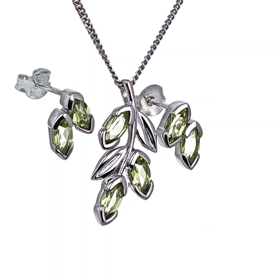 Peridot Olive Leaves Earring Pendant Set Sterling Silver