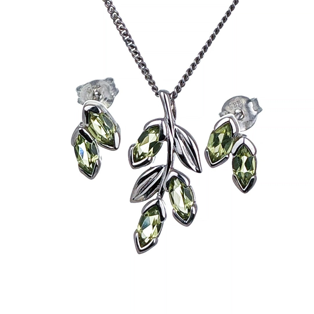 Peridot Olive Leaves Earring Pendant Set Sterling Silver