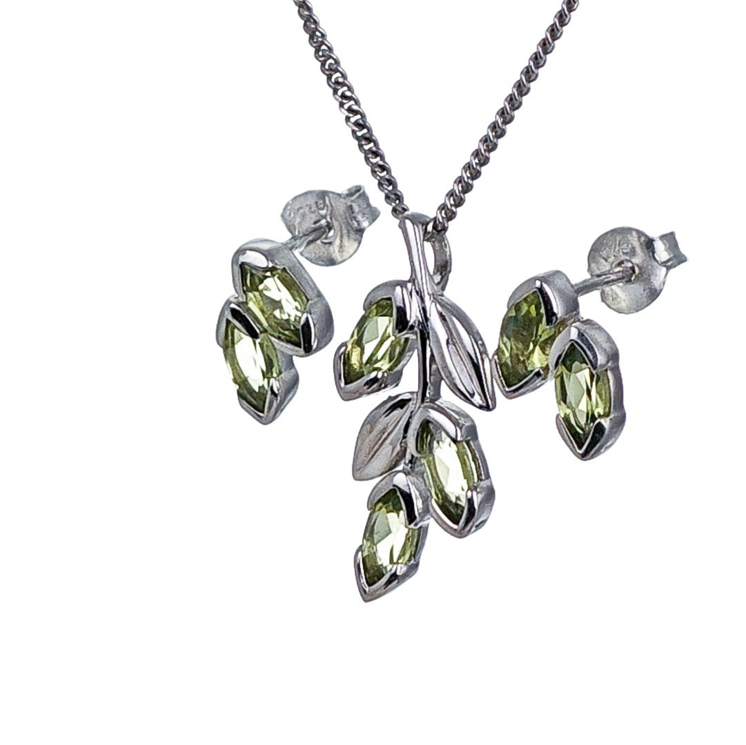 Peridot Olive Leaves Earring Pendant Set Sterling Silver