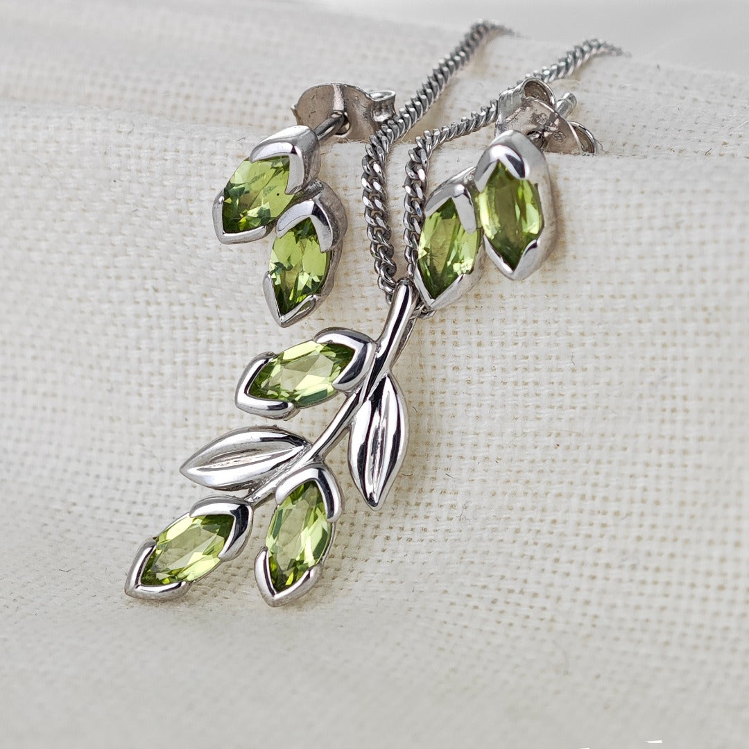 Peridot Olive Leaves Earring Pendant Set Sterling Silver