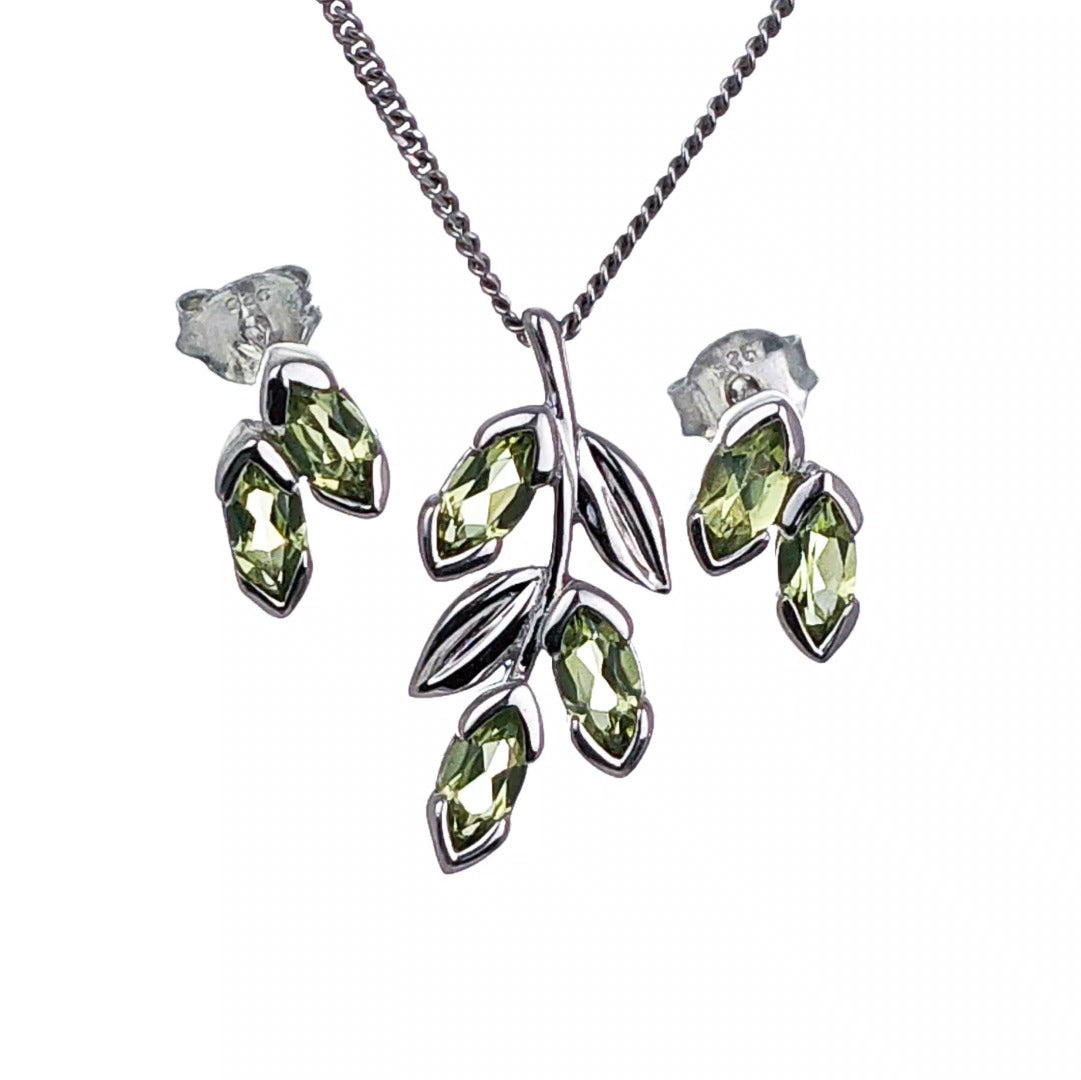 Peridot Olive Leaves Earring Pendant Set Sterling Silver