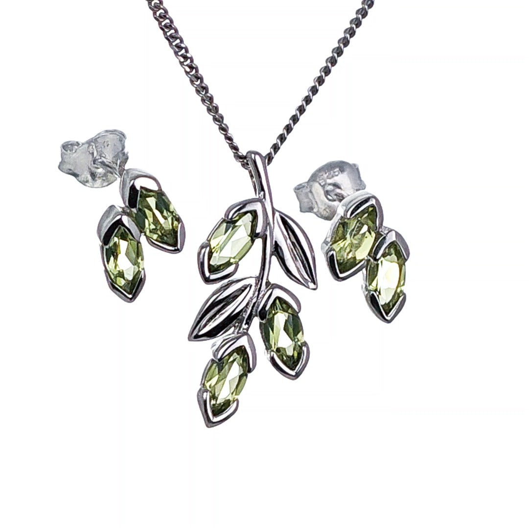 Peridot Olive Leaves Earring Pendant Set Sterling Silver