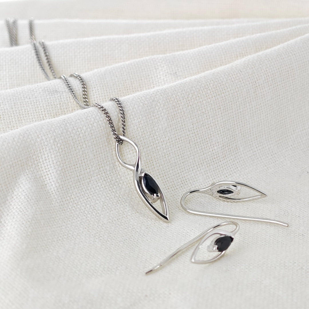 Sapphire Set Sterling Silver Earrings Necklace Marquise Infinity Loop