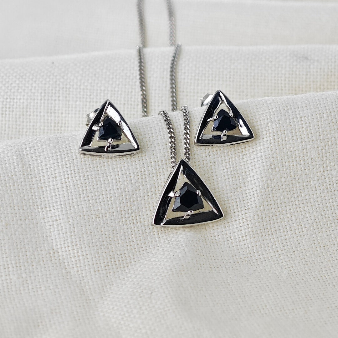 Sapphire Set Earrings Pendant Sterling Silver Trillion Triangle Inky Blue