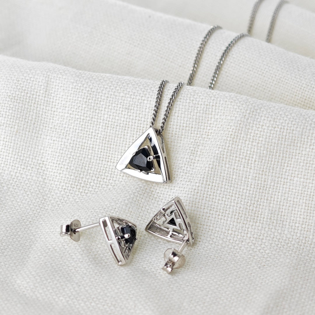 Sapphire Set Earrings Pendant Sterling Silver Trillion Triangle Inky Blue