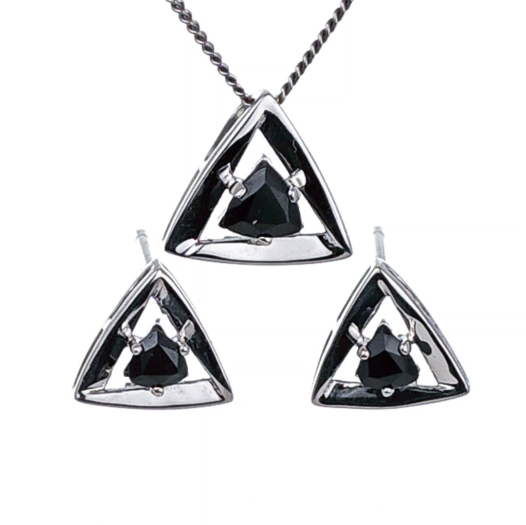 Sapphire Set Earrings Pendant Sterling Silver Trillion Triangle Inky Blue