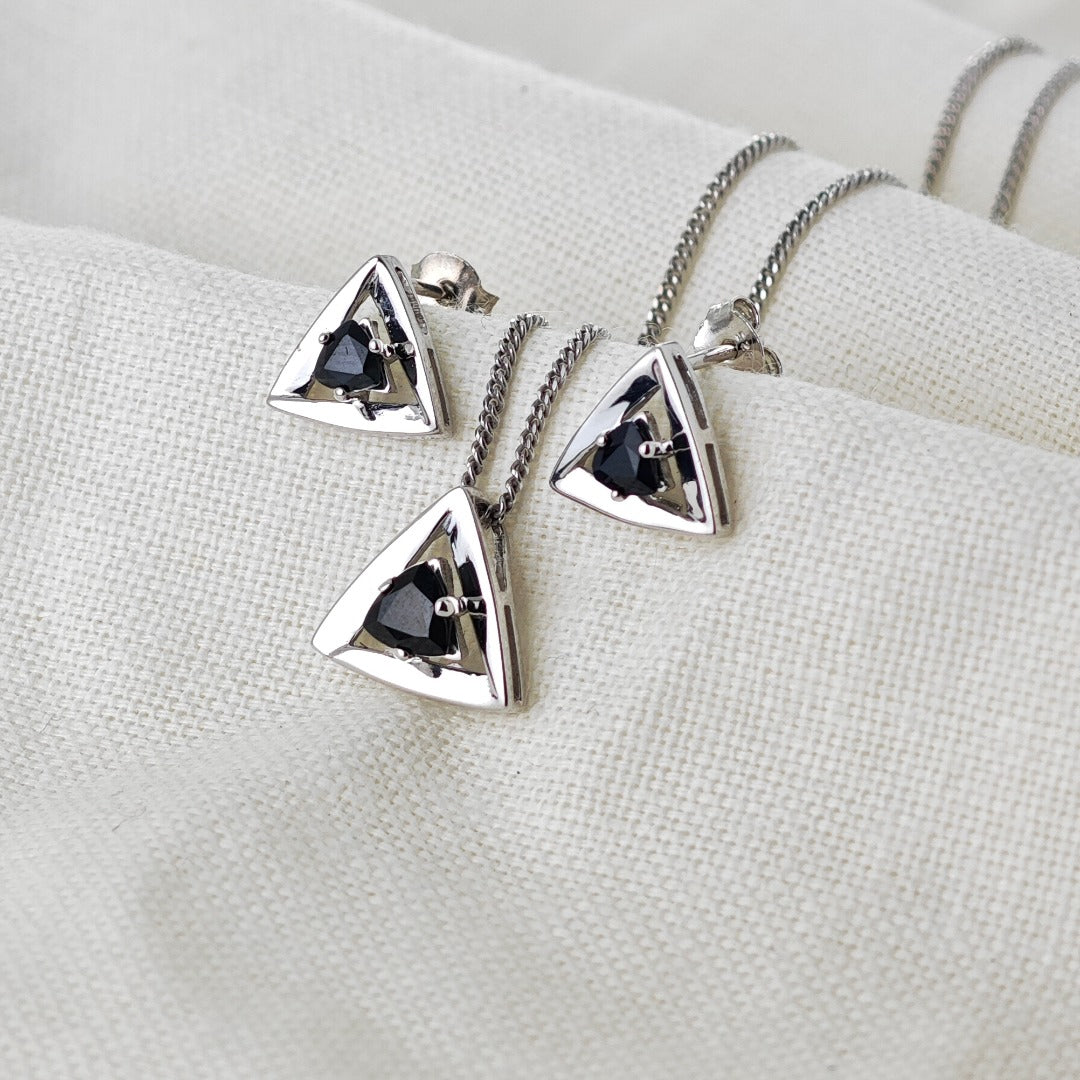 Sapphire Set Earrings Pendant Sterling Silver Trillion Triangle Inky Blue