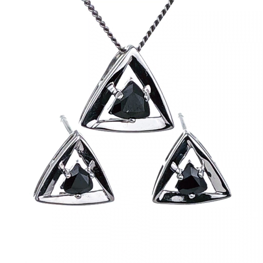 Sapphire Set Earrings Pendant Sterling Silver Trillion Triangle Inky Blue