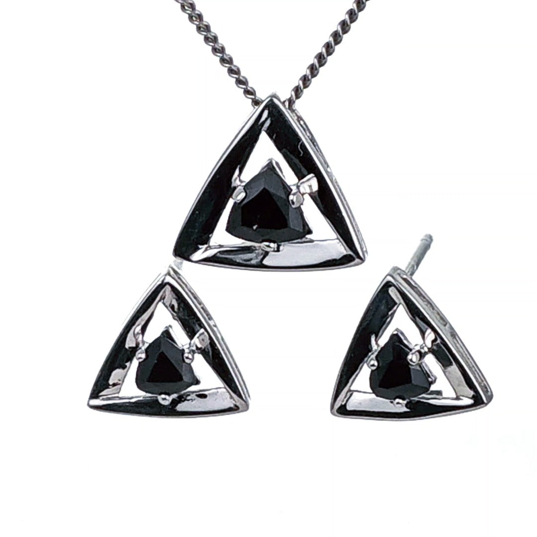 Sapphire Set Earrings Pendant Sterling Silver Trillion Triangle Inky Blue