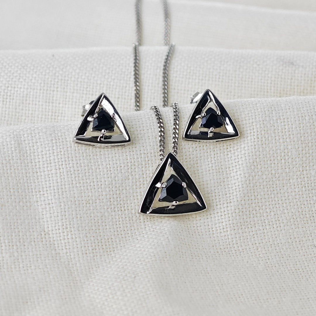 Sapphire Set Earrings Pendant Sterling Silver Trillion Triangle Inky Blue