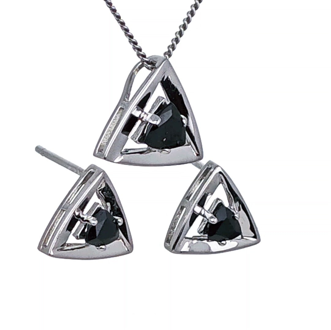 Sapphire Set Earrings Pendant Sterling Silver Trillion Triangle Inky Blue