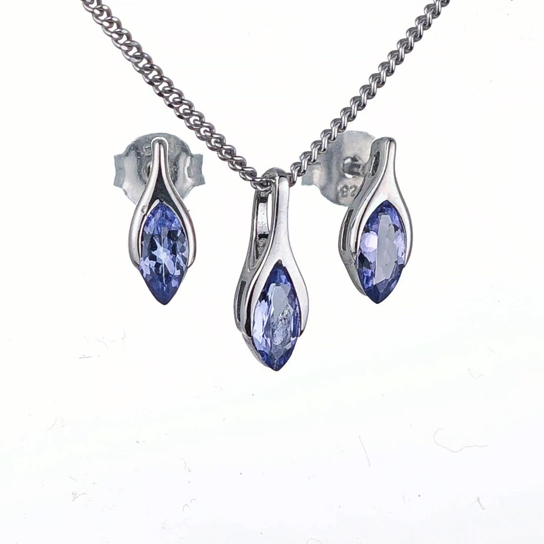 Tanzanite Set Necklace Earrings Sterling Silver SMALL Minimalist Marquise