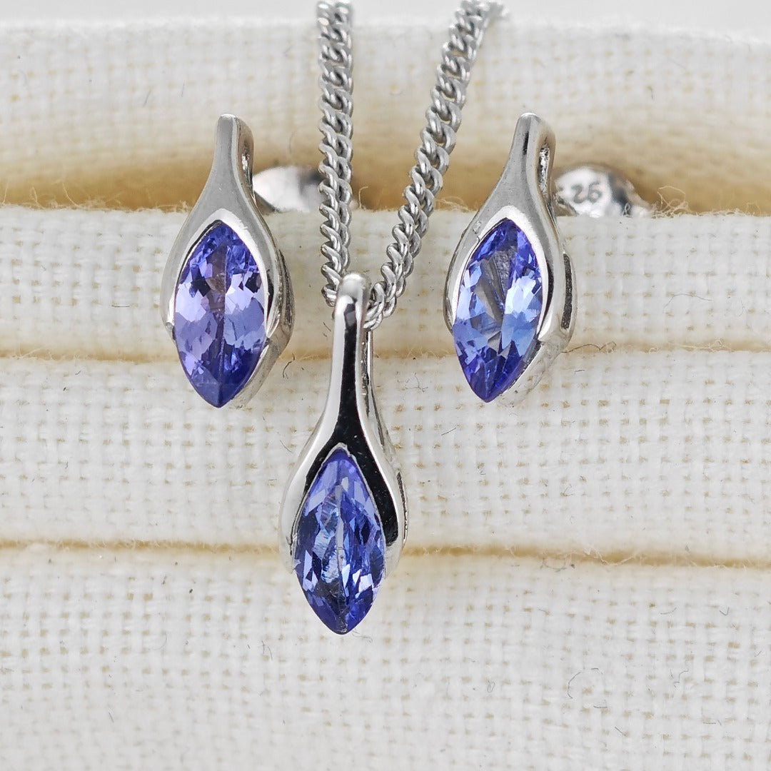 Tanzanite Set Necklace Earrings Sterling Silver SMALL Minimalist Marquise