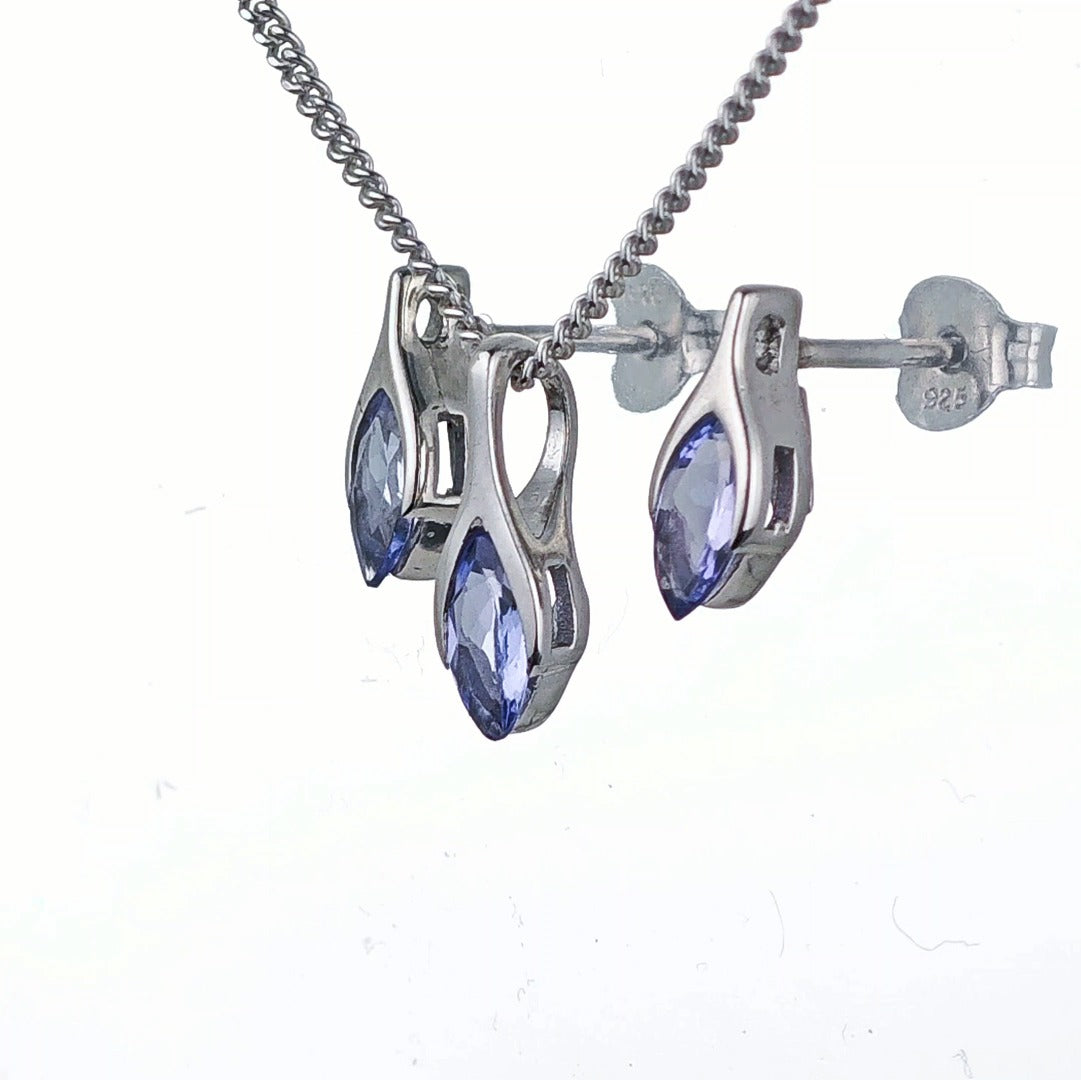 Tanzanite Set Necklace Earrings Sterling Silver SMALL Minimalist Marquise