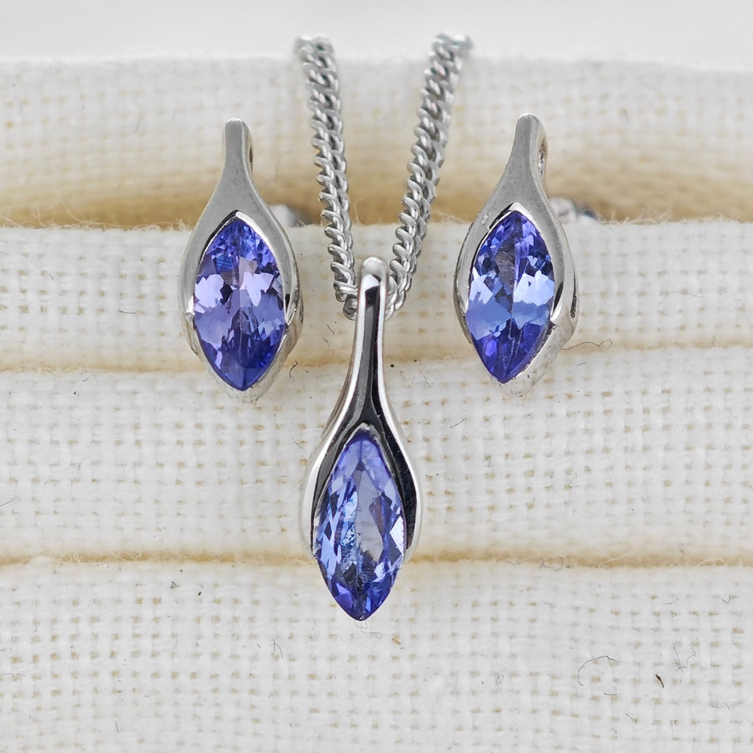 Tanzanite Set Necklace Earrings Sterling Silver SMALL Minimalist Marquise