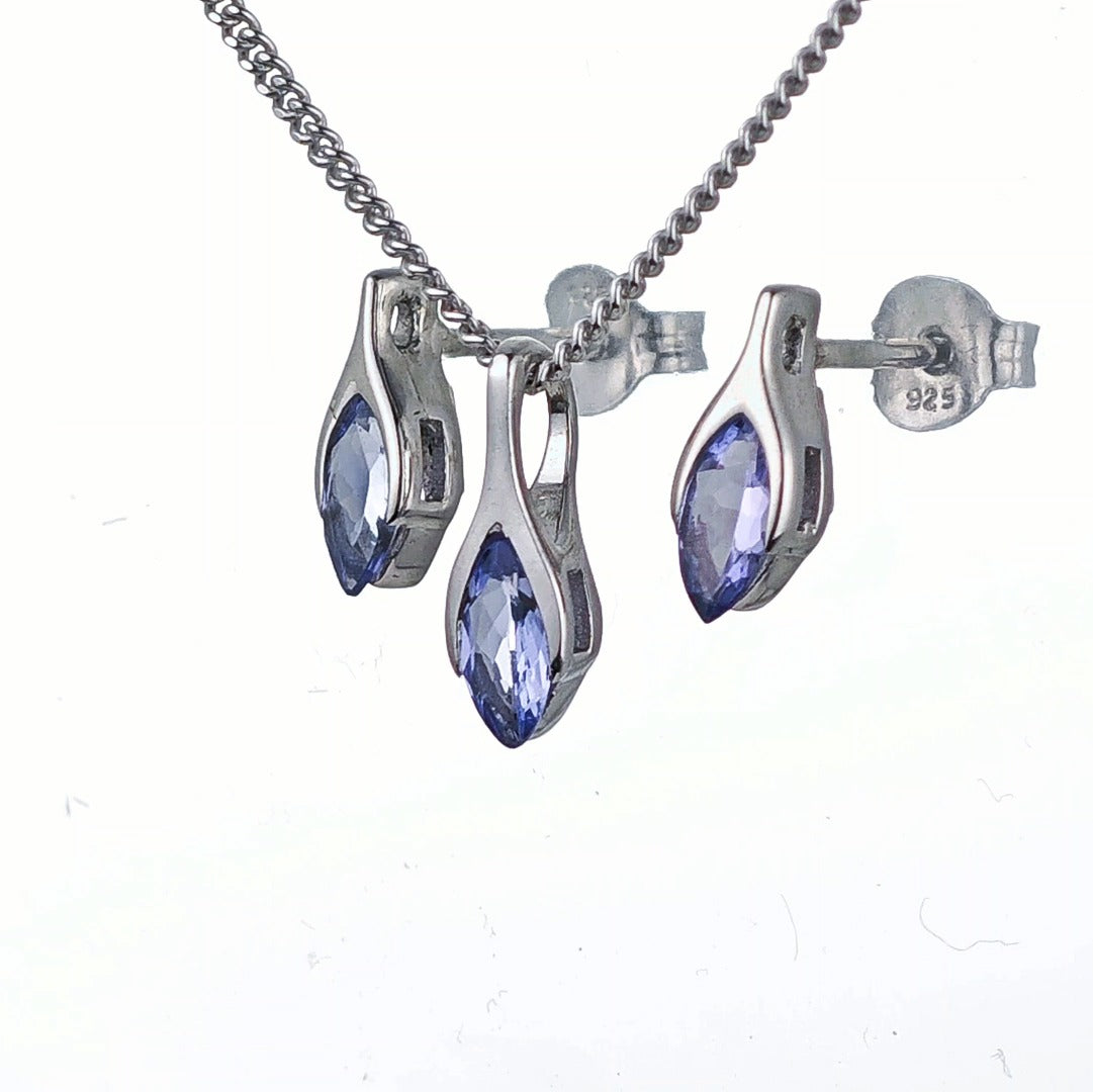 Tanzanite Set Necklace Earrings Sterling Silver SMALL Minimalist Marquise