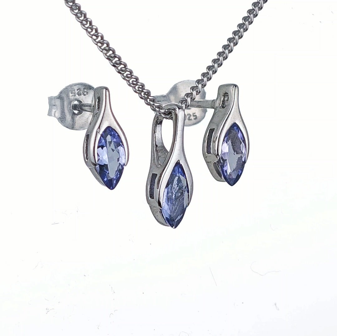 Tanzanite Set Necklace Earrings Sterling Silver SMALL Minimalist Marquise