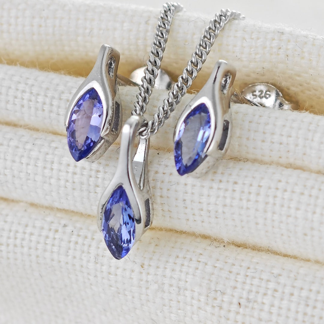 Tanzanite Set Necklace Earrings Sterling Silver SMALL Minimalist Marquise