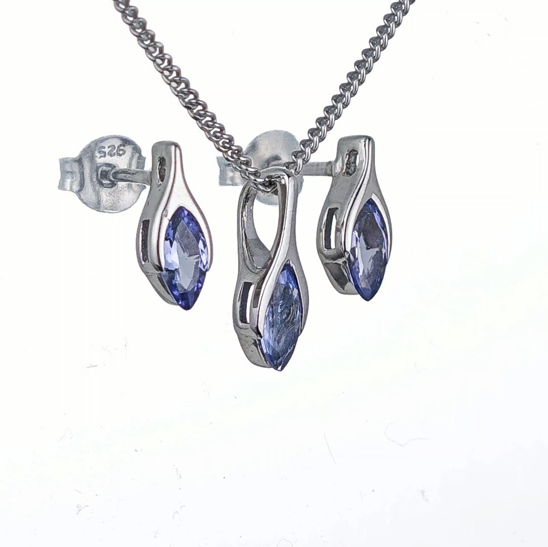 Tanzanite Set Necklace Earrings Sterling Silver SMALL Minimalist Marquise