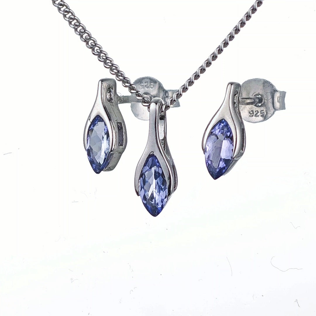 Tanzanite Set Necklace Earrings Sterling Silver SMALL Minimalist Marquise