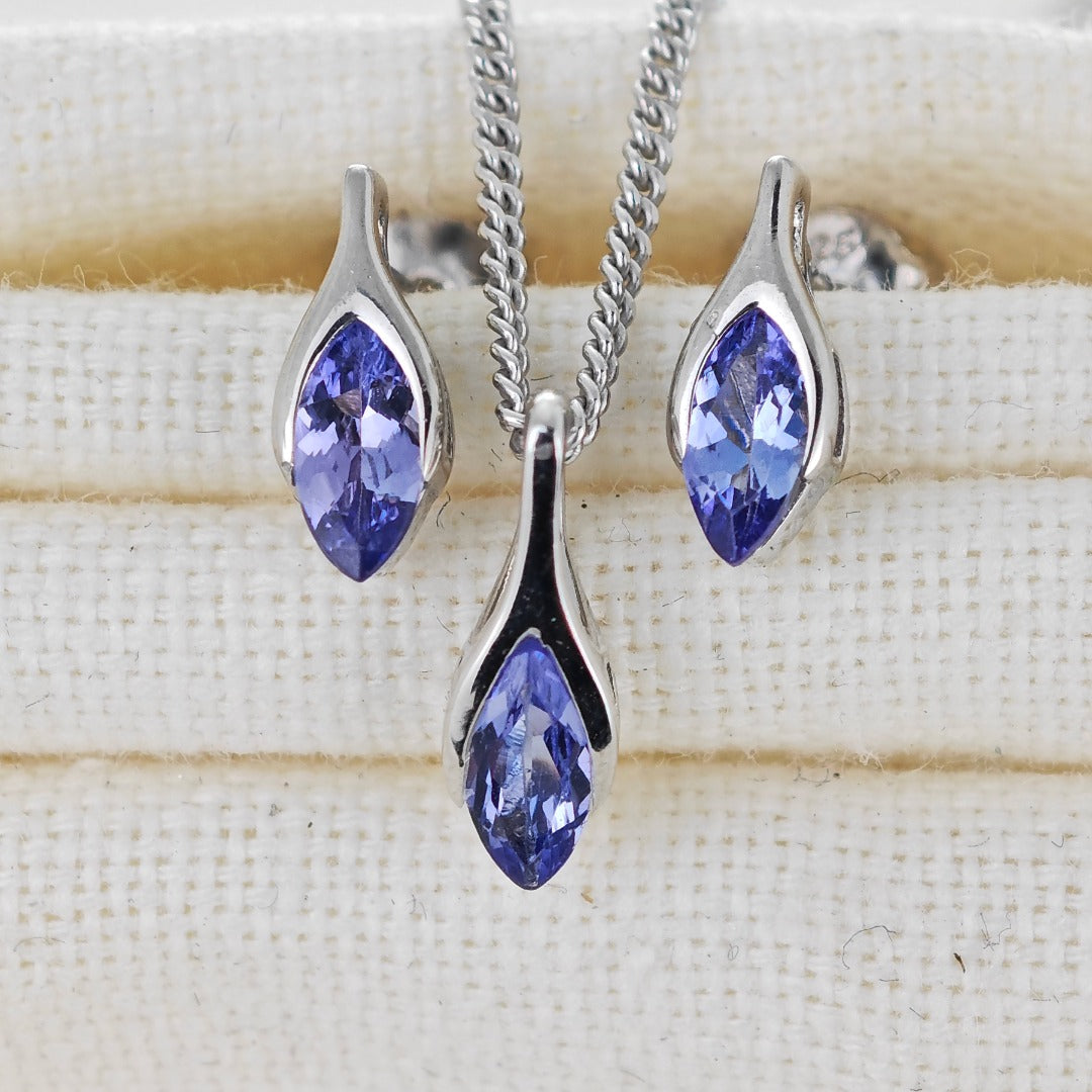 Tanzanite Set Necklace Earrings Sterling Silver SMALL Minimalist Marquise