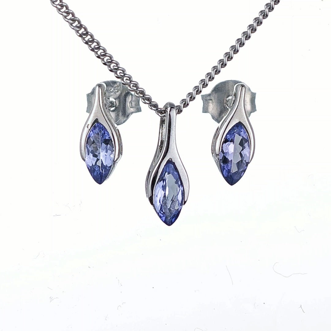 Tanzanite Set Necklace Earrings Sterling Silver SMALL Minimalist Marquise