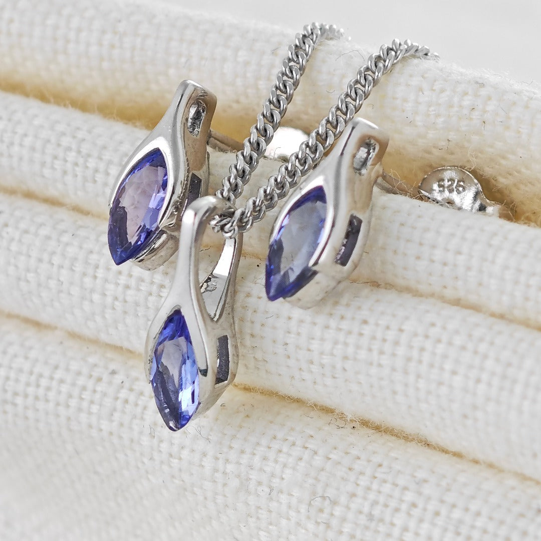 Tanzanite Set Necklace Earrings Sterling Silver SMALL Minimalist Marquise