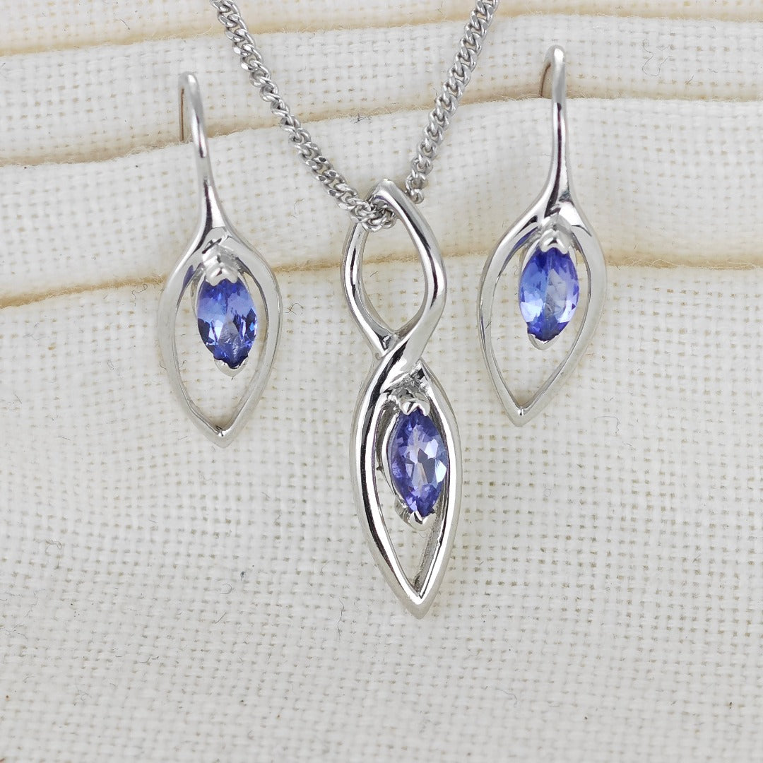 Tanzanite Set Necklace Earrings Sterling Silver Marquise Dangle