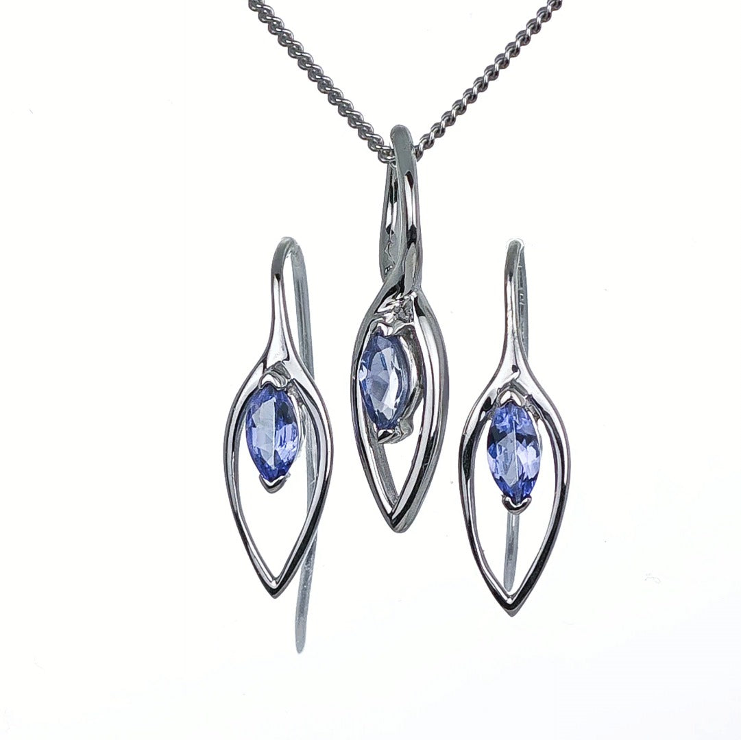 Tanzanite Set Necklace Earrings Sterling Silver Marquise Dangle