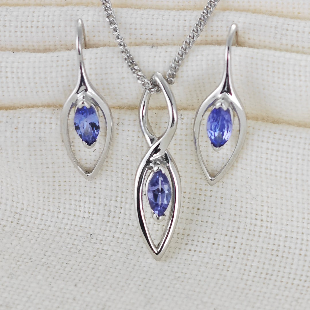 Tanzanite Set Necklace Earrings Sterling Silver Marquise Dangle