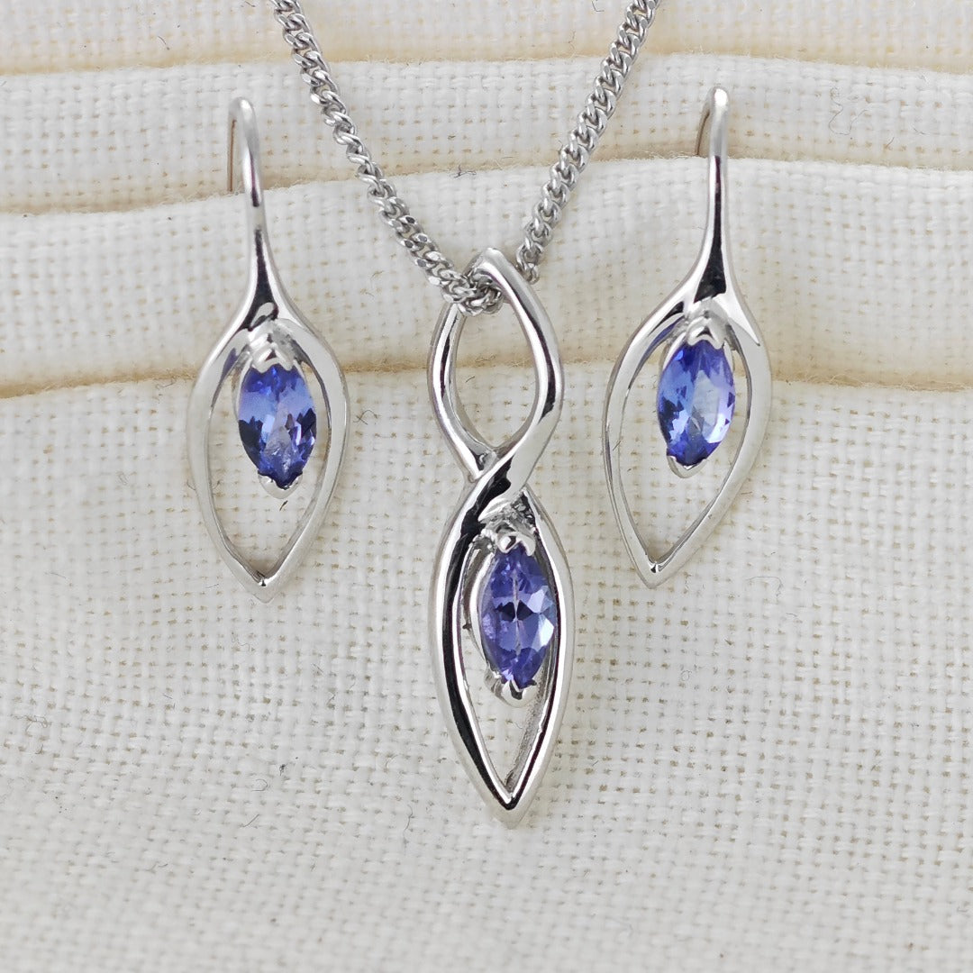 Tanzanite Set Necklace Earrings Sterling Silver Marquise Dangle