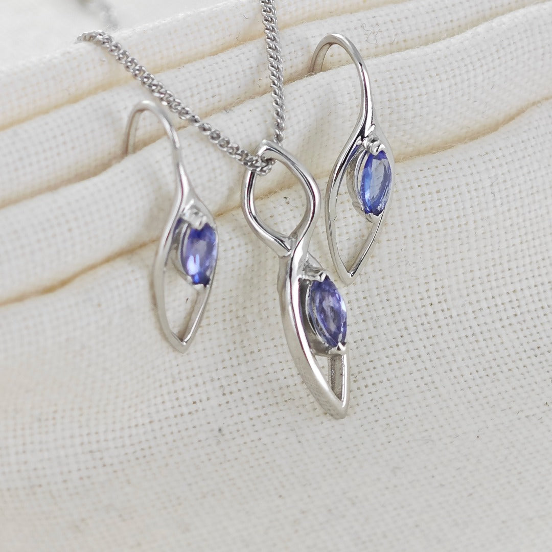 Tanzanite Set Necklace Earrings Sterling Silver Marquise Dangle