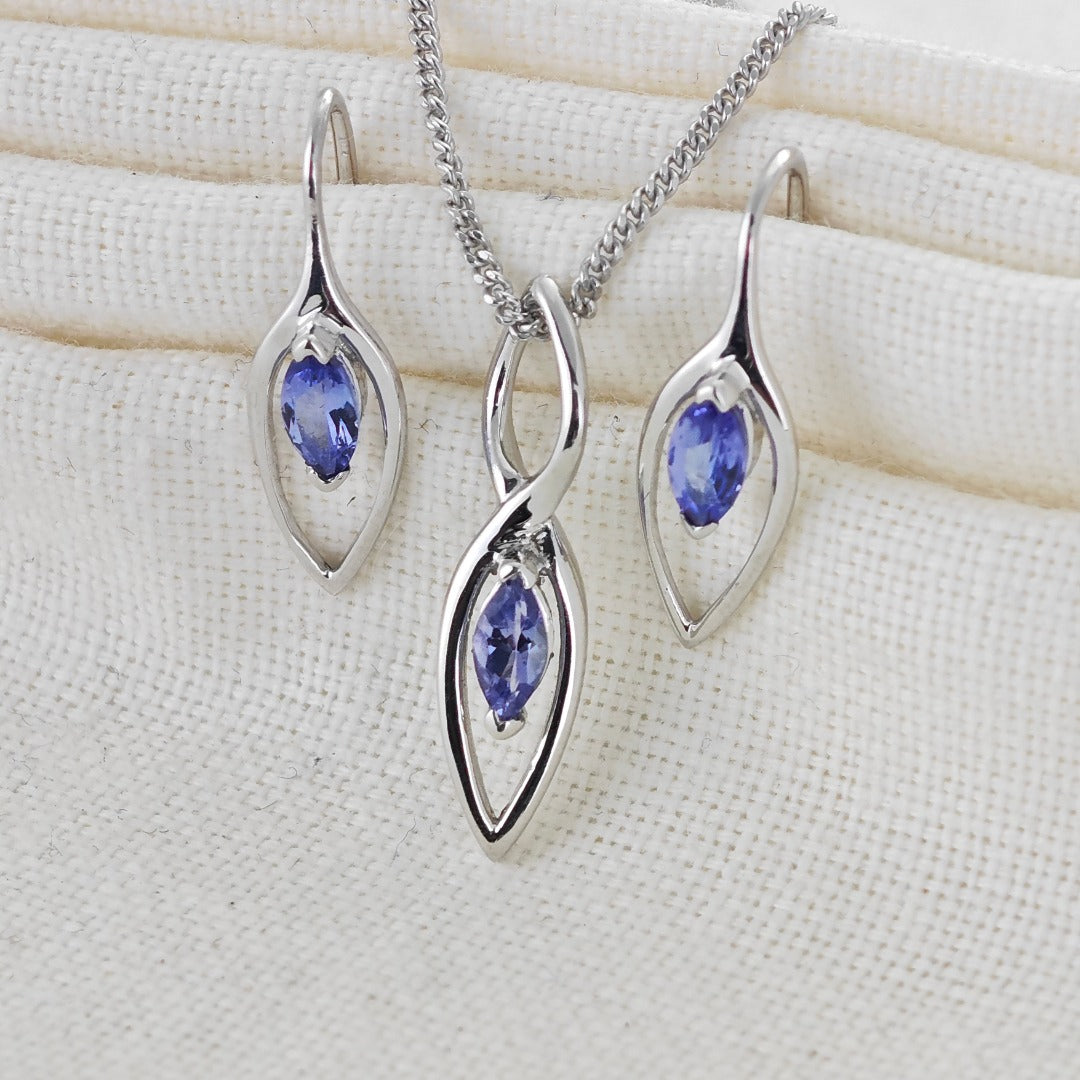 Tanzanite Set Necklace Earrings Sterling Silver Marquise Dangle