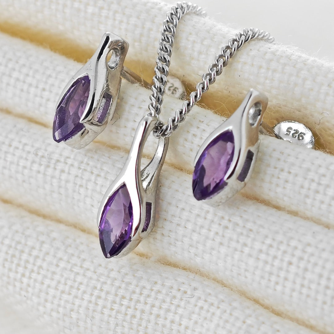 Amethyst Set Neklace Earrings Sterling Silver Studs Minimalist Marquise