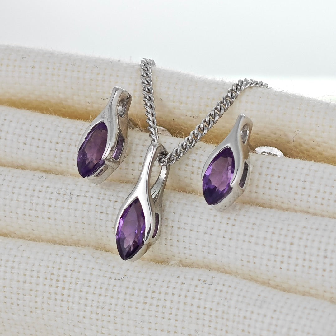 Amethyst Set Neklace Earrings Sterling Silver Studs Minimalist Marquise